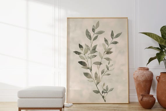 Digital Download Sage Green Leaves Art Watercolor Botanical Printable Neutral Beige Branch Print File Boho Plant Decor