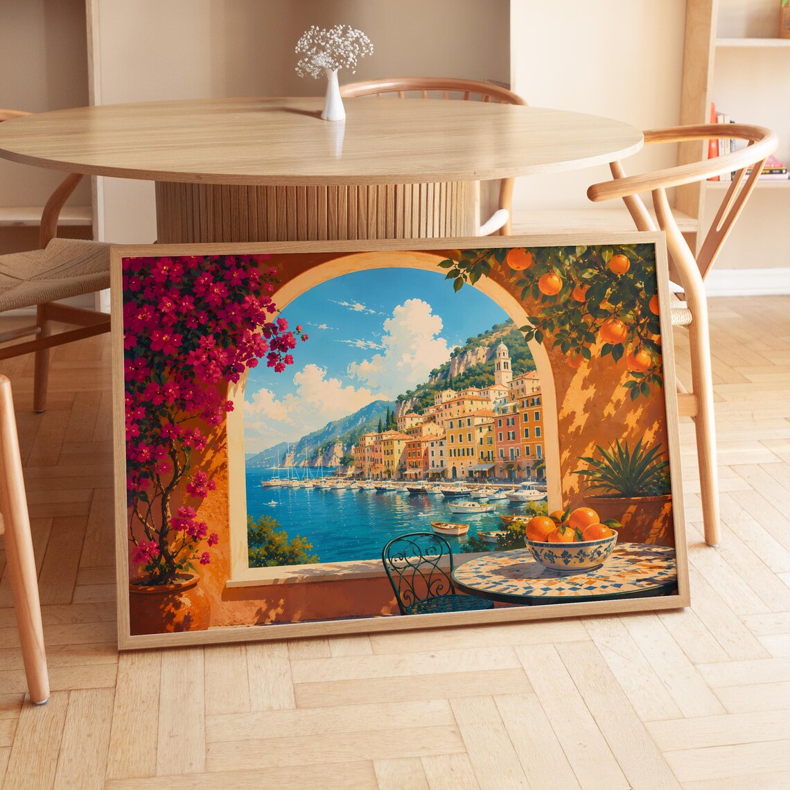 Italy Coastal Town Travel Poster, Landscape Painting
