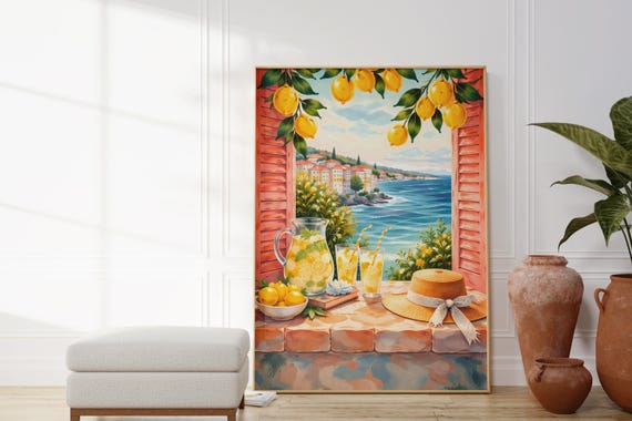 Digital Download Amalfi Coast Lemonade Mediterranean Window View Printable Pink Shutter Lemon Art Print File