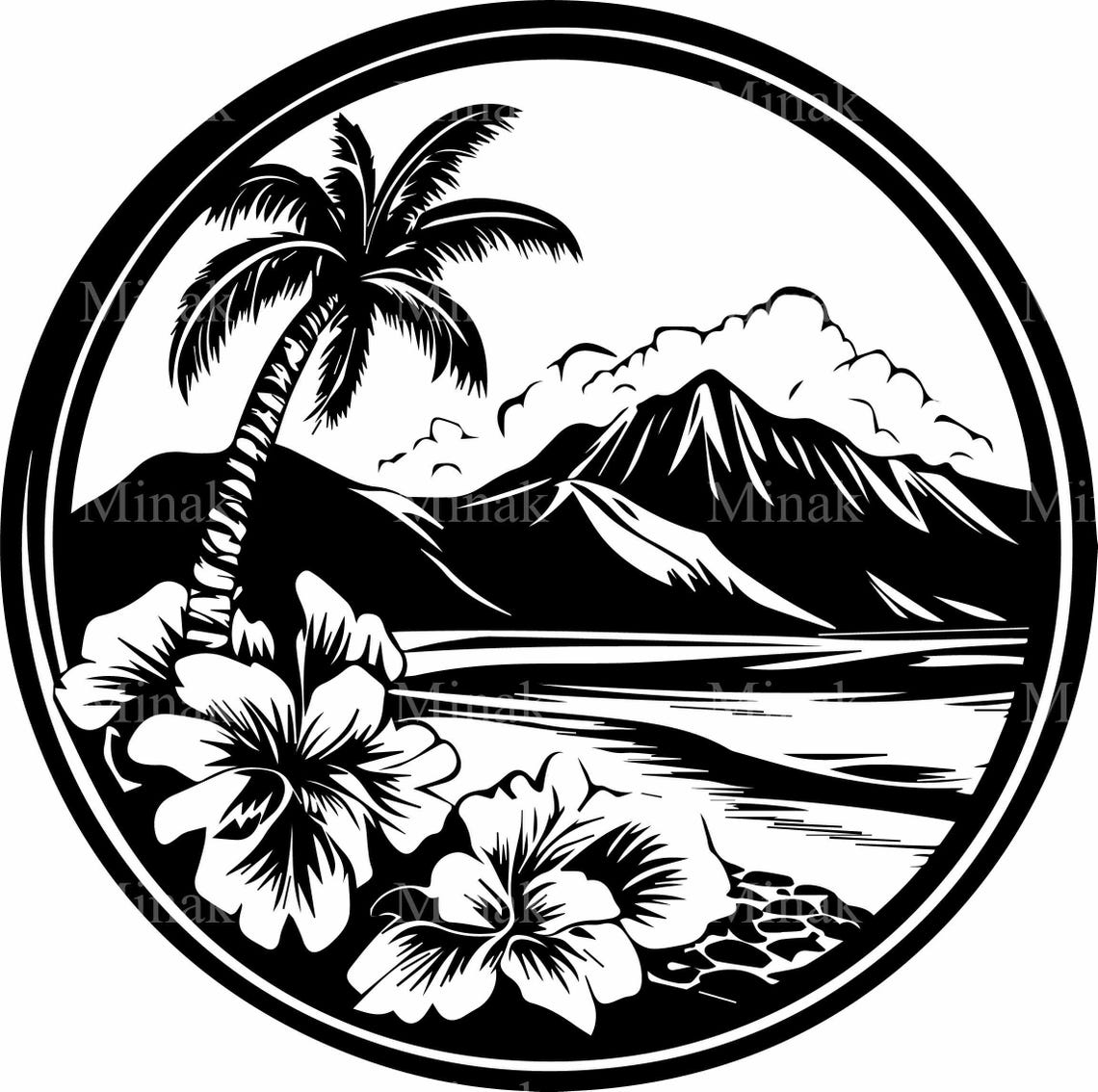 Tropical Beach Circle Palm Hibiscus Ocean Waves Island Poster