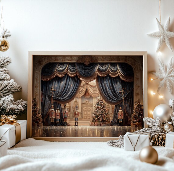 Nutcracker Ballet Theater Stage Christmas Navy Curtains Holiday Poster