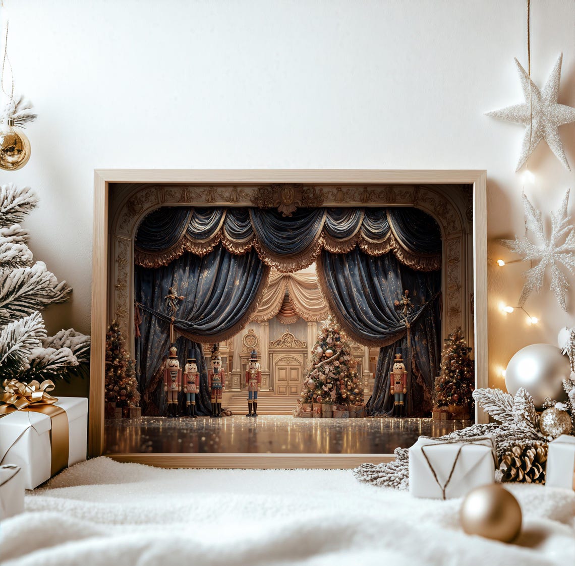 Nutcracker Ballet Theater Stage Christmas Navy Curtains Holiday Poster