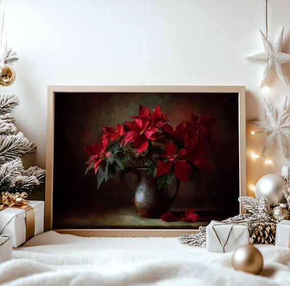 Moody Poinsettia Bouquet In Rustic Vase Christmas Wall Art Festive Holiday Decor Vintage Still Life Painting Winter Print 770