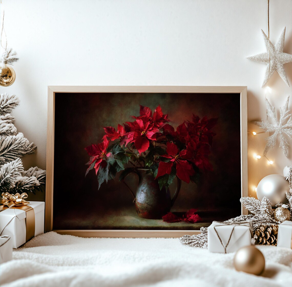 Moody Red Poinsettia Bouquet in Rustic Vase Christmas Floral Poster