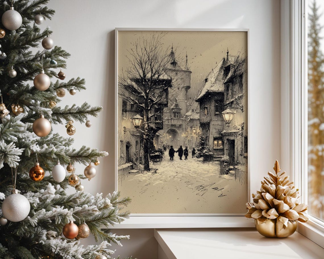 Vintage Snowy Village Street Christmas Scene Rustic Winter Art Print