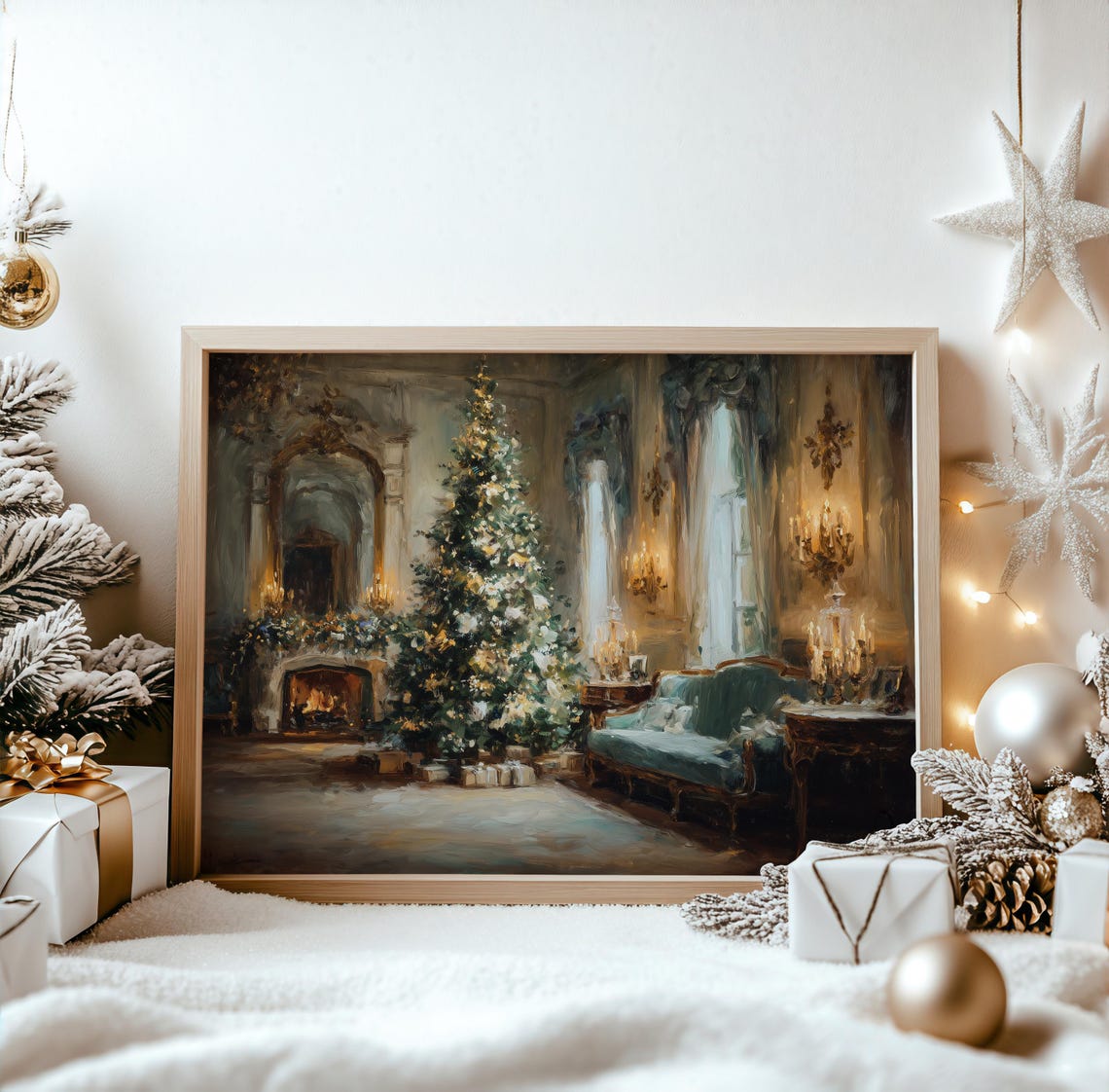 Victorian Christmas Tree Candlelit Parlor Fireplace Holiday Poster