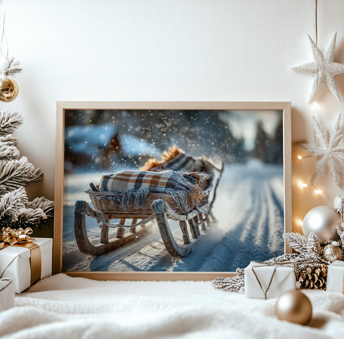 Vintage Wooden Sleigh With Plaid Blanket on a Snowy Winter Path Poster