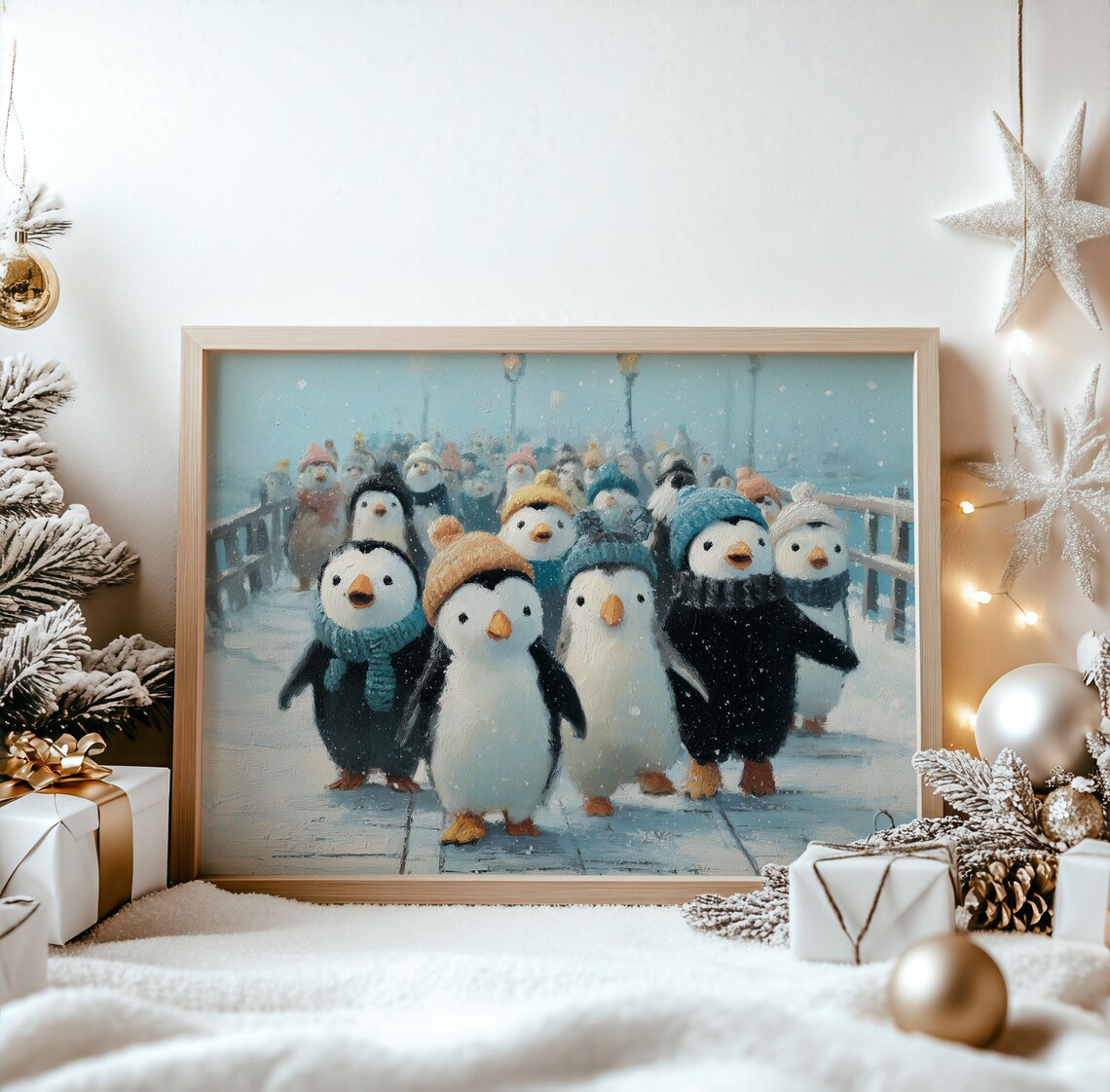 Cute Penguins Winter Hats Scarves Snowy Parade Christmas Poster