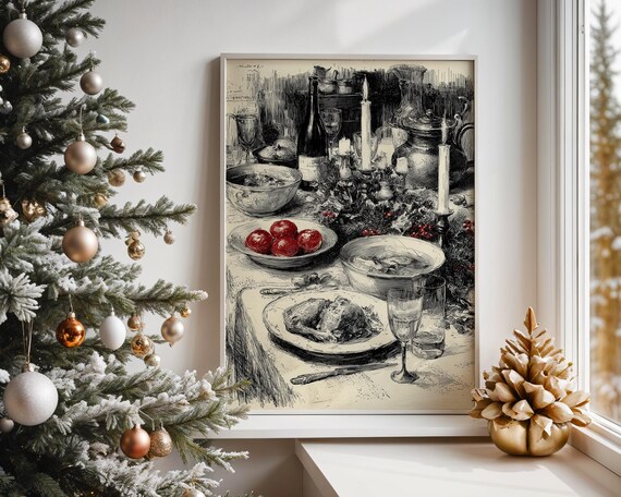 Vintage Sketch of a Christmas Feast Dinner Table Candlelight Poster