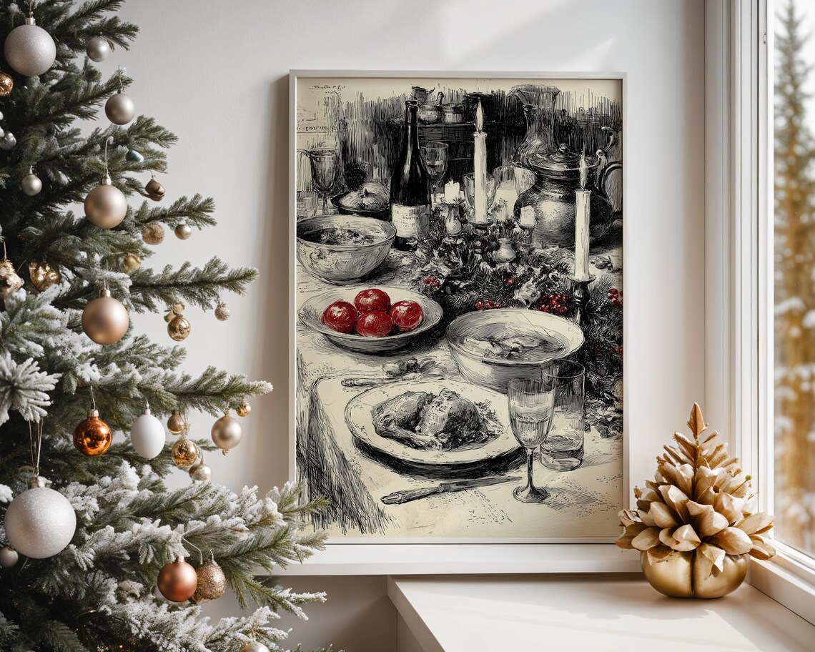Vintage Sketch of a Christmas Feast Dinner Table Candlelight Poster