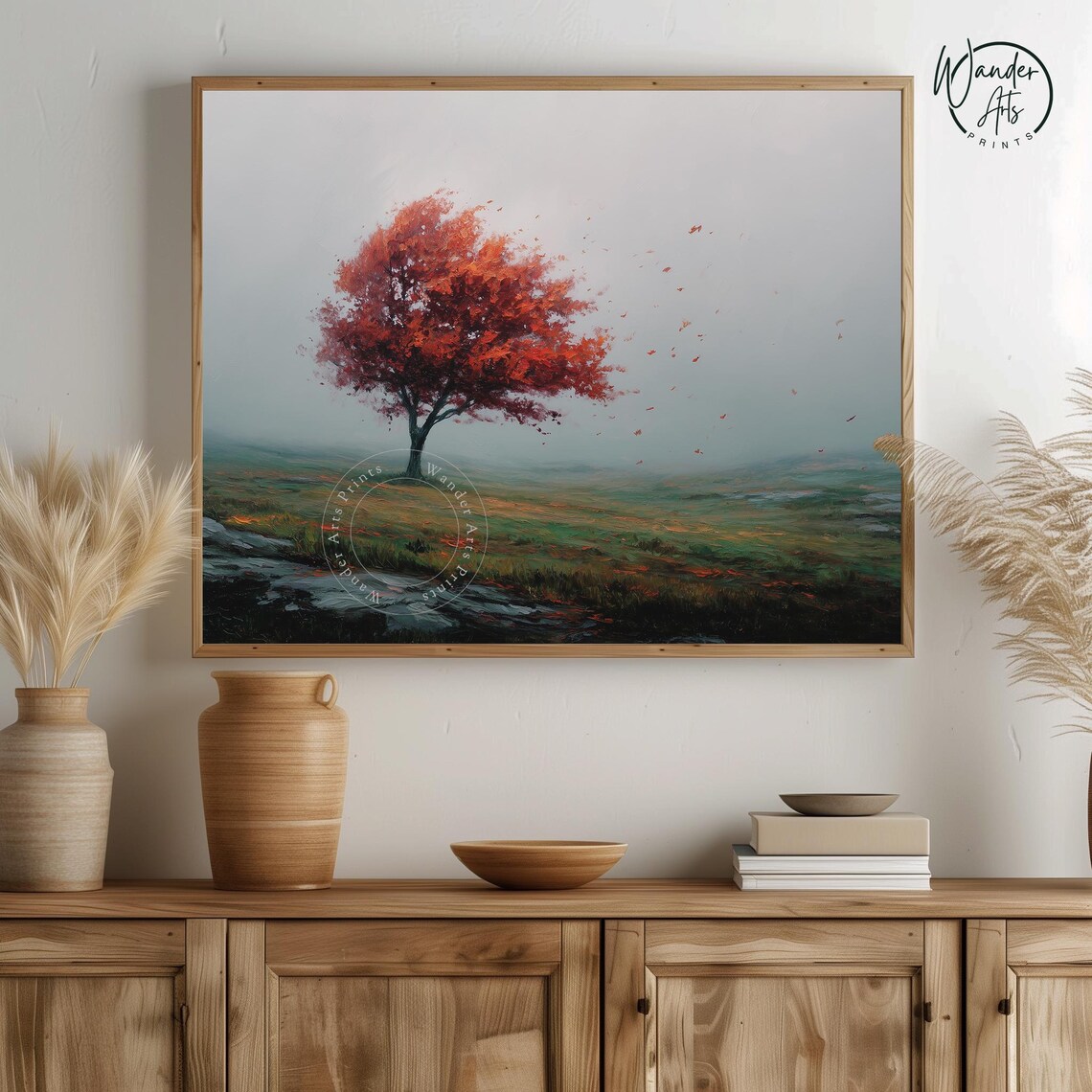 Lone Red Tree Misty Autumn Meadow Oil Painting Landscape Poster