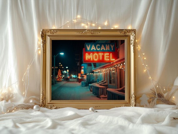 Retro Christmas Motel Neon Sign Snowy Night Street Holiday Poster