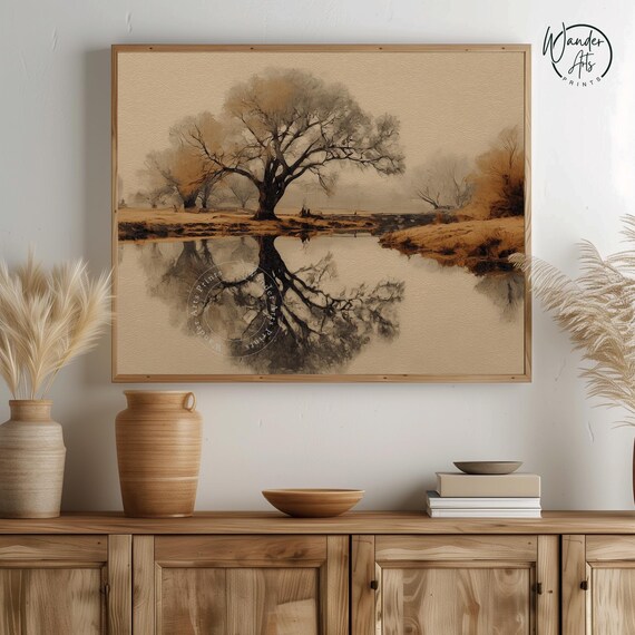 Grand Elm Tree Shedding Leaves Autumn Landscape Rustic Wall Art Vintage Fall Decor Moody Nature Scene 424