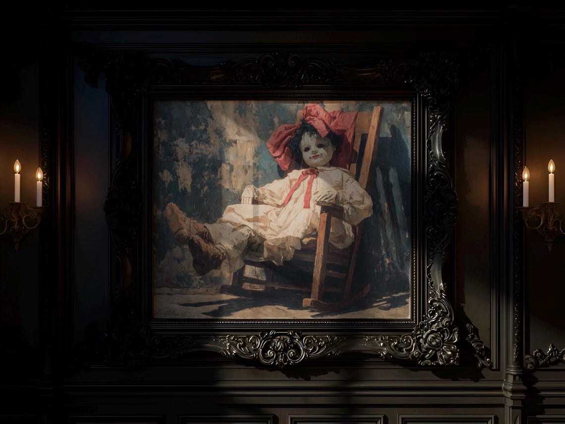 Creepy Porcelain Doll Rocking Chair Haunted Vintage Gothic Wall Art