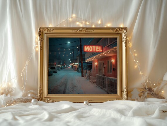 Vintage Retro Motel Neon Sign Snowy Winter Night Street Wall Art
