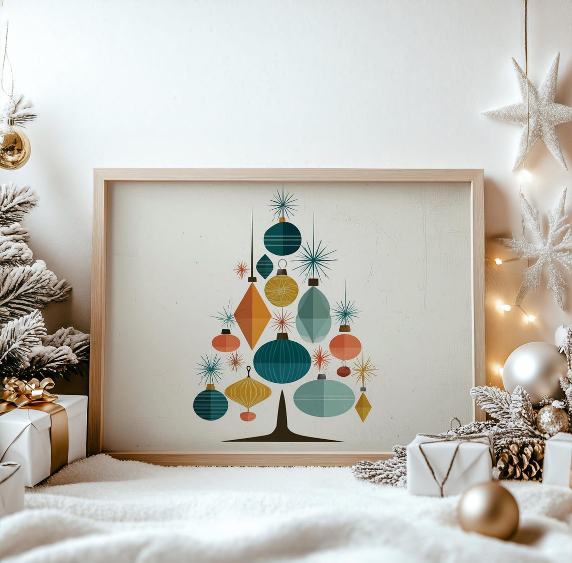 Midcentury Christmas Tree with Hanging Ornaments Retro Art Poster