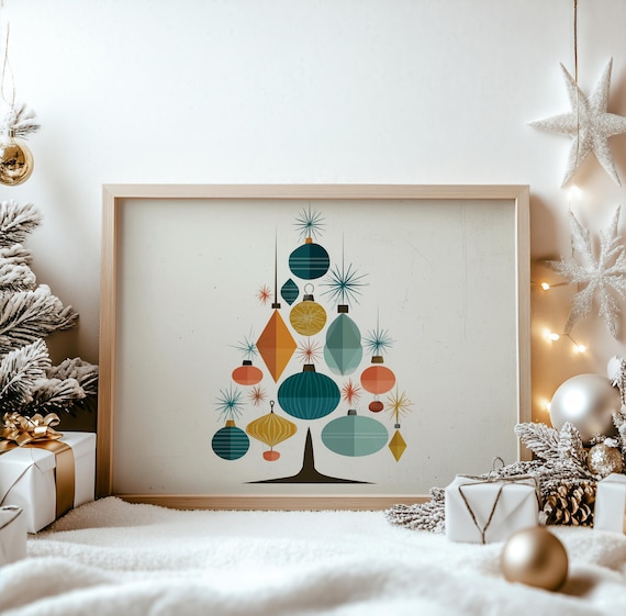 Midcentury Christmas Tree with Hanging Ornaments Retro Art Poster