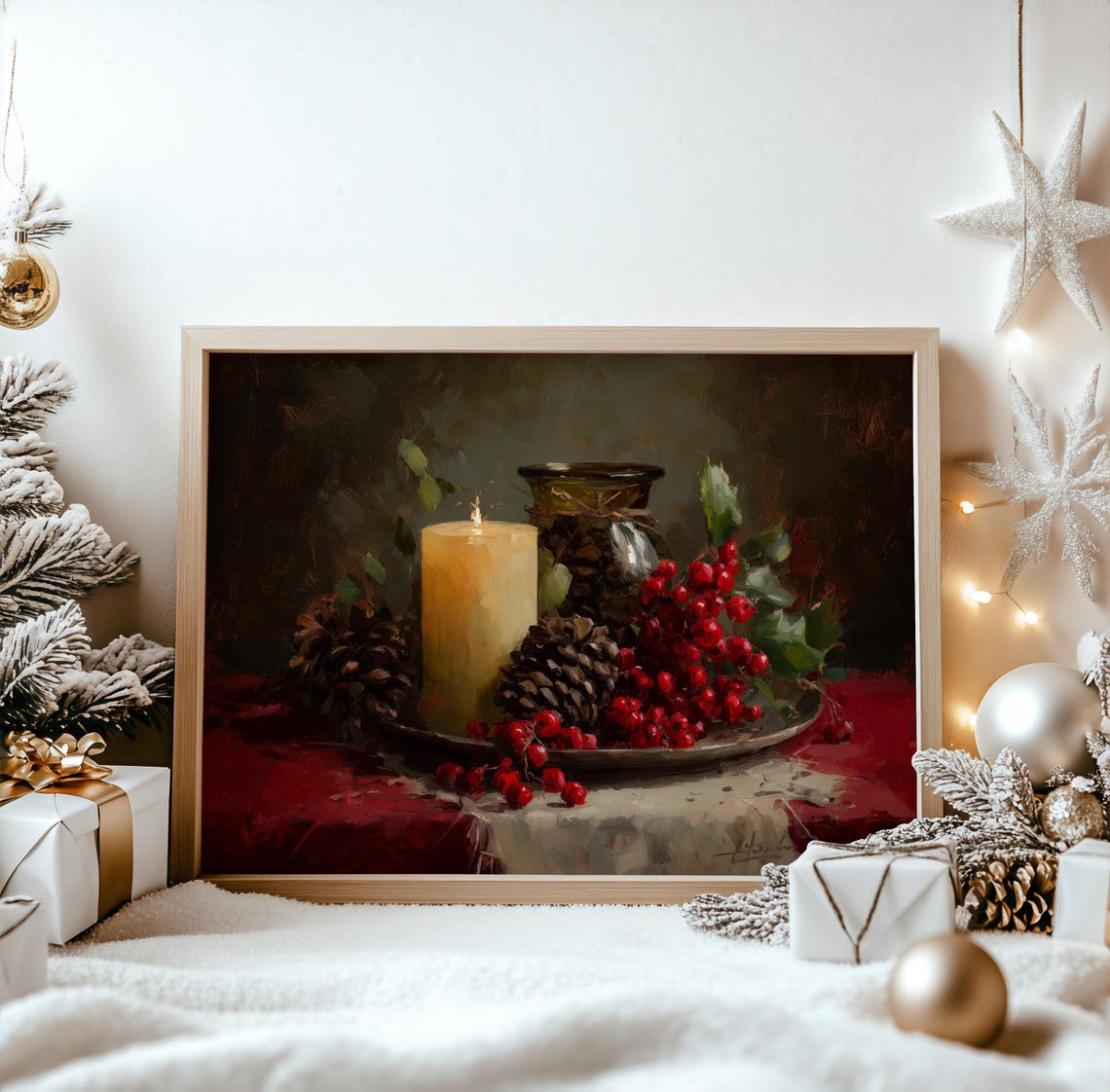 Christmas Candle Pinecones Holly Berries Still Life Oil Painting Print