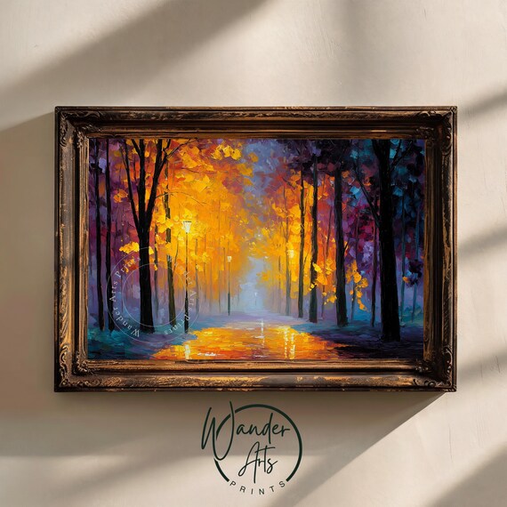 Autumn Sunset In Golden Forest Moody Warm Landscape Painting Colorful Trees Cozy Sunlit Path With Leaves Art 926