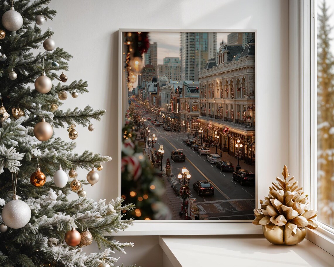 Festive City Street Christmas Lights Historic Night Poster Decor