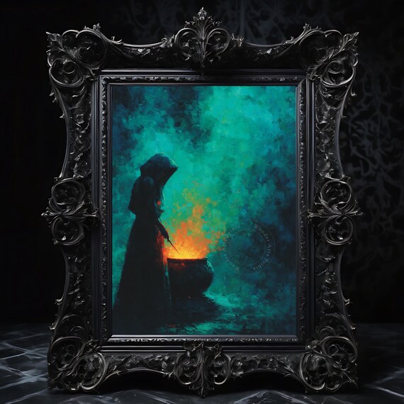 Halloween Witch In Enchanted Forest Spooky Autumn Night Scene Rustic Lantern Glow Fairy Tale Magic Fall Wall Art 193