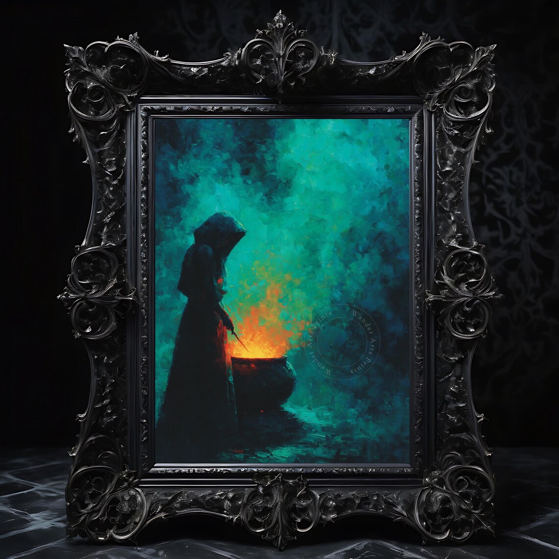Halloween Witch In Enchanted Forest Spooky Autumn Night Scene Rustic Lantern Glow Fairy Tale Magic Fall Wall Art 193