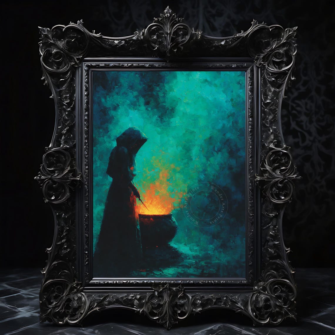 Witch Stirring Cauldron Green Smoke Dark Fantasy Spooky Poster