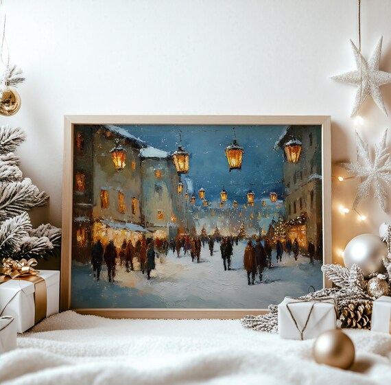 Snowy Old Town Street Lanterns Night Impressionist Art Print