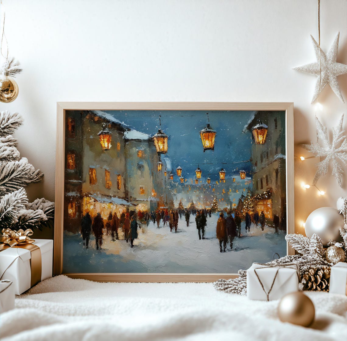 Snowy Old Town Street Lanterns Night Impressionist Art Print