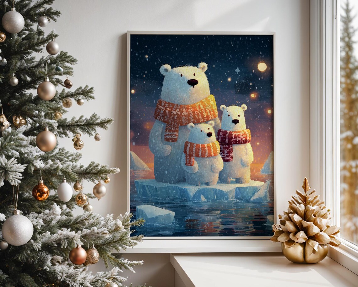 Polar Bear Family Christmas Knitted Scarves Cozy Winter Wall Art
