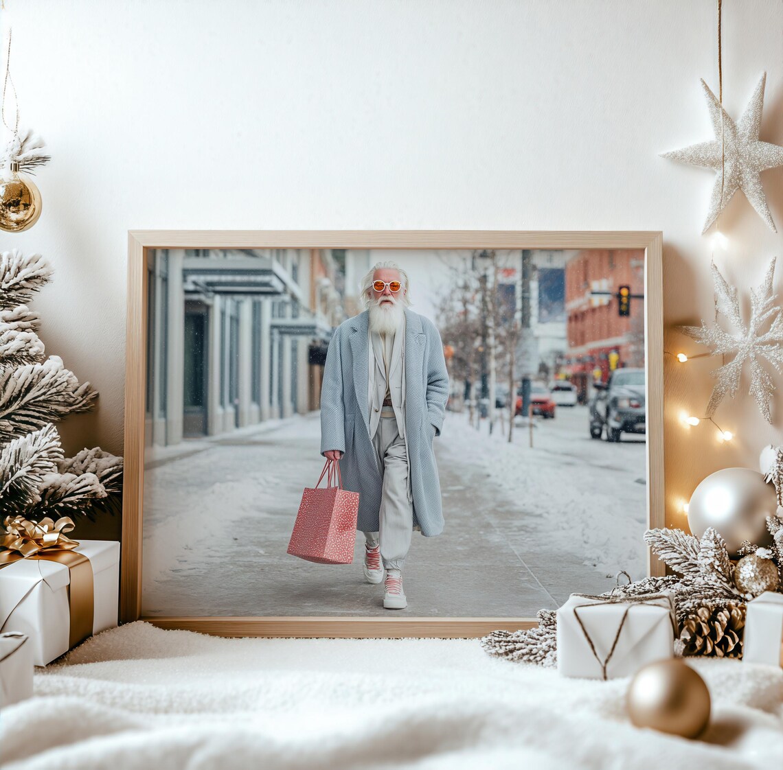 Modern Cool Santa Sunglasses Snowy City Street Christmas Poster