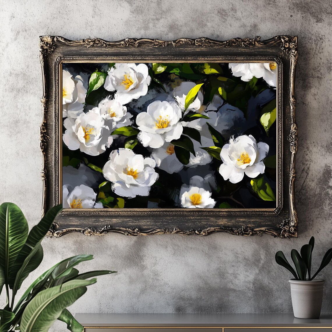 White Camellia Flowers Dark Floral Oil Painting Vintage Art Poster
