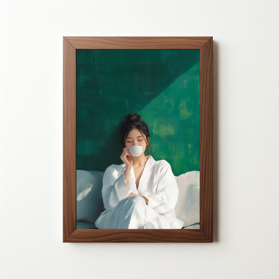 Emerald Green Abstract Woman Large Wall Art Contemporary Artwork Minimalist Coffee Lover Art Drinking Woman 502