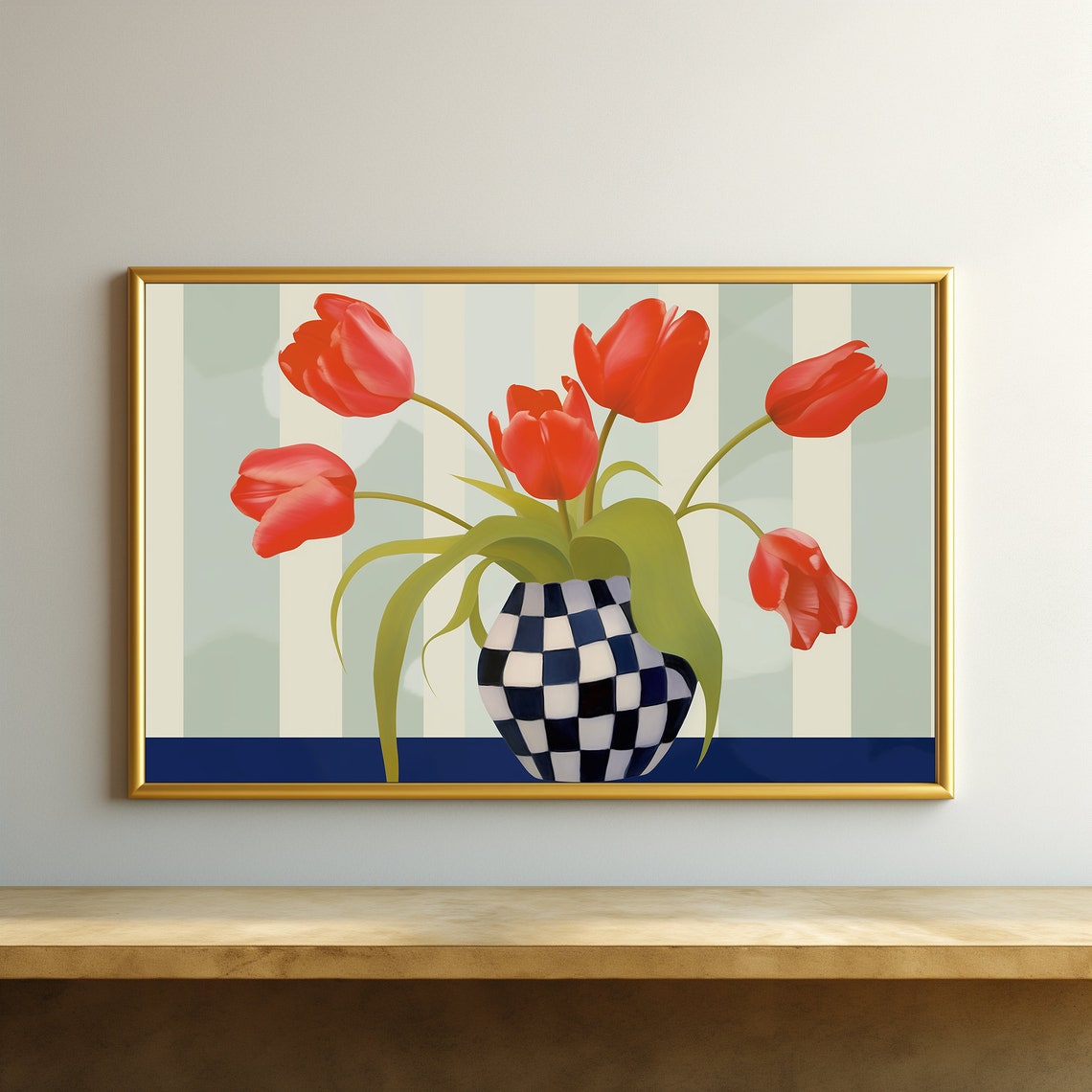 Red Tulips In Checkered Vase Striped Background Floral Wall Art - Image 5