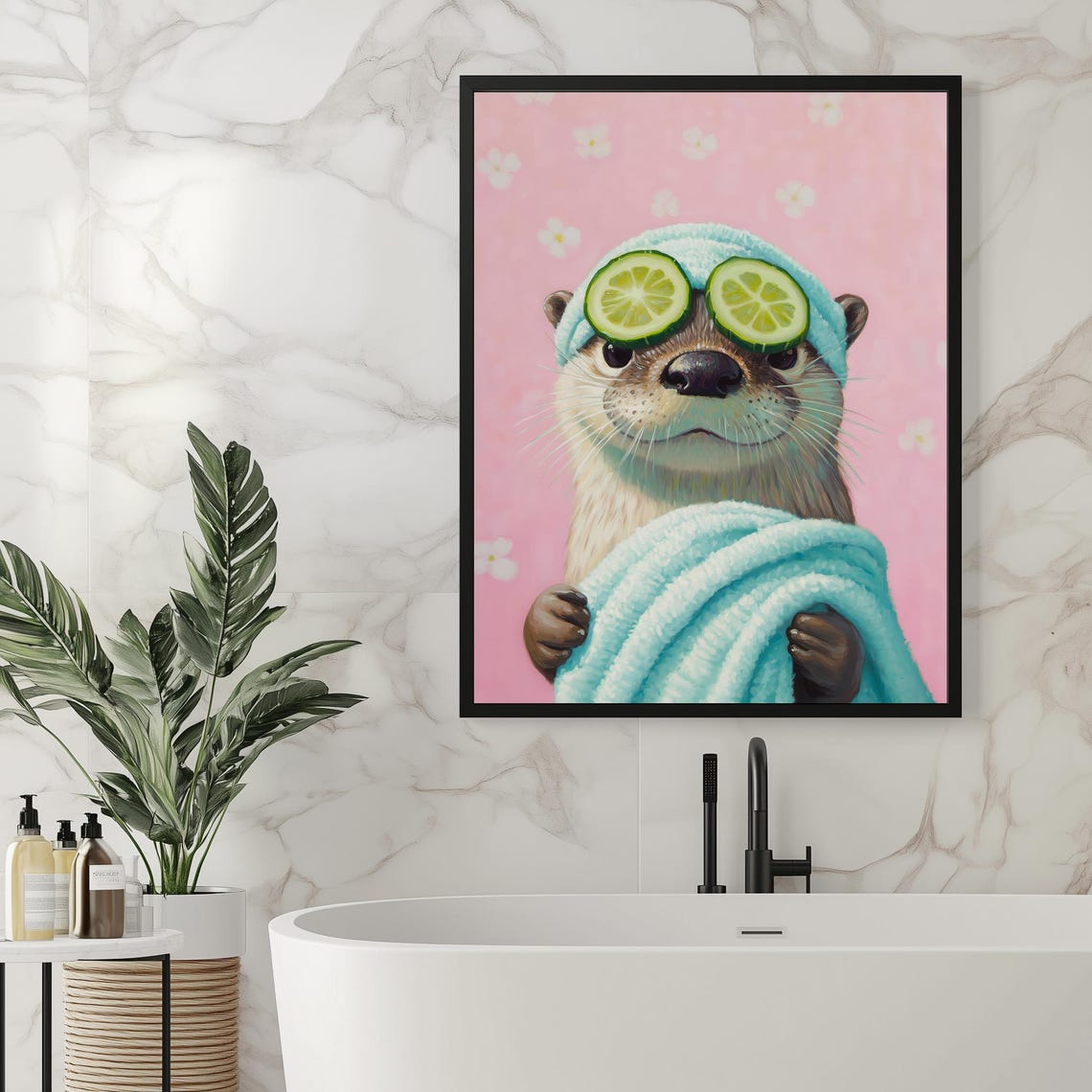 Funny Otter Spa Day Painting Cucumber Eyes Cute Pink Bathroom Wall Art - Image 4