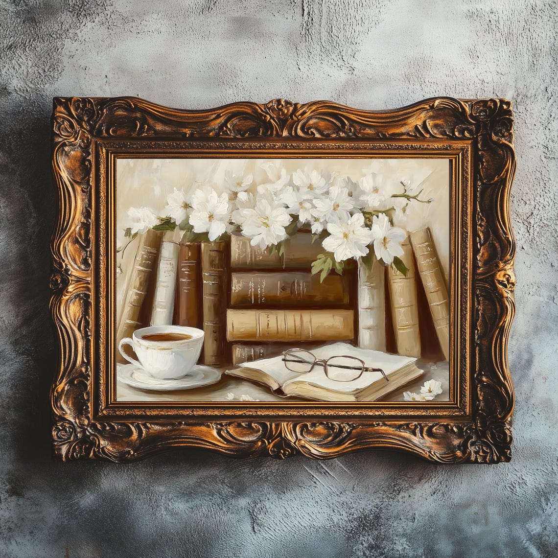 Vintage Books White Blossoms Tea Cup Light Academia Still Life Poster