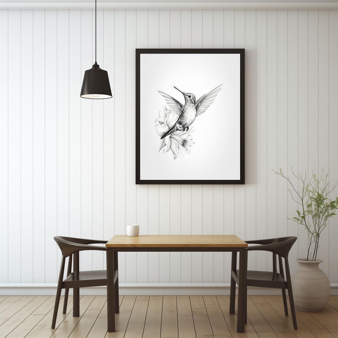 Hummingbird With Lily Black And White Fine Line Sketch Art Poster - Image 4