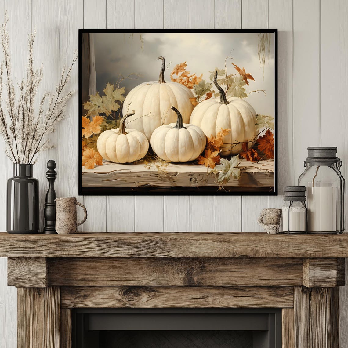 White Pumpkins Autumn Leaves Rustic Farmhouse Fall Still Life Poster - Image 4