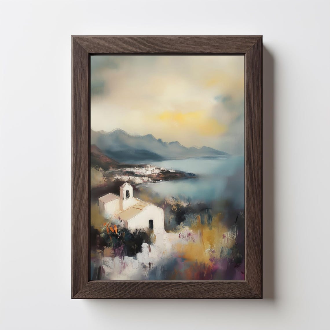 Muted Coastal Chapel Overlooking Quiet Bay Landscape Art Print