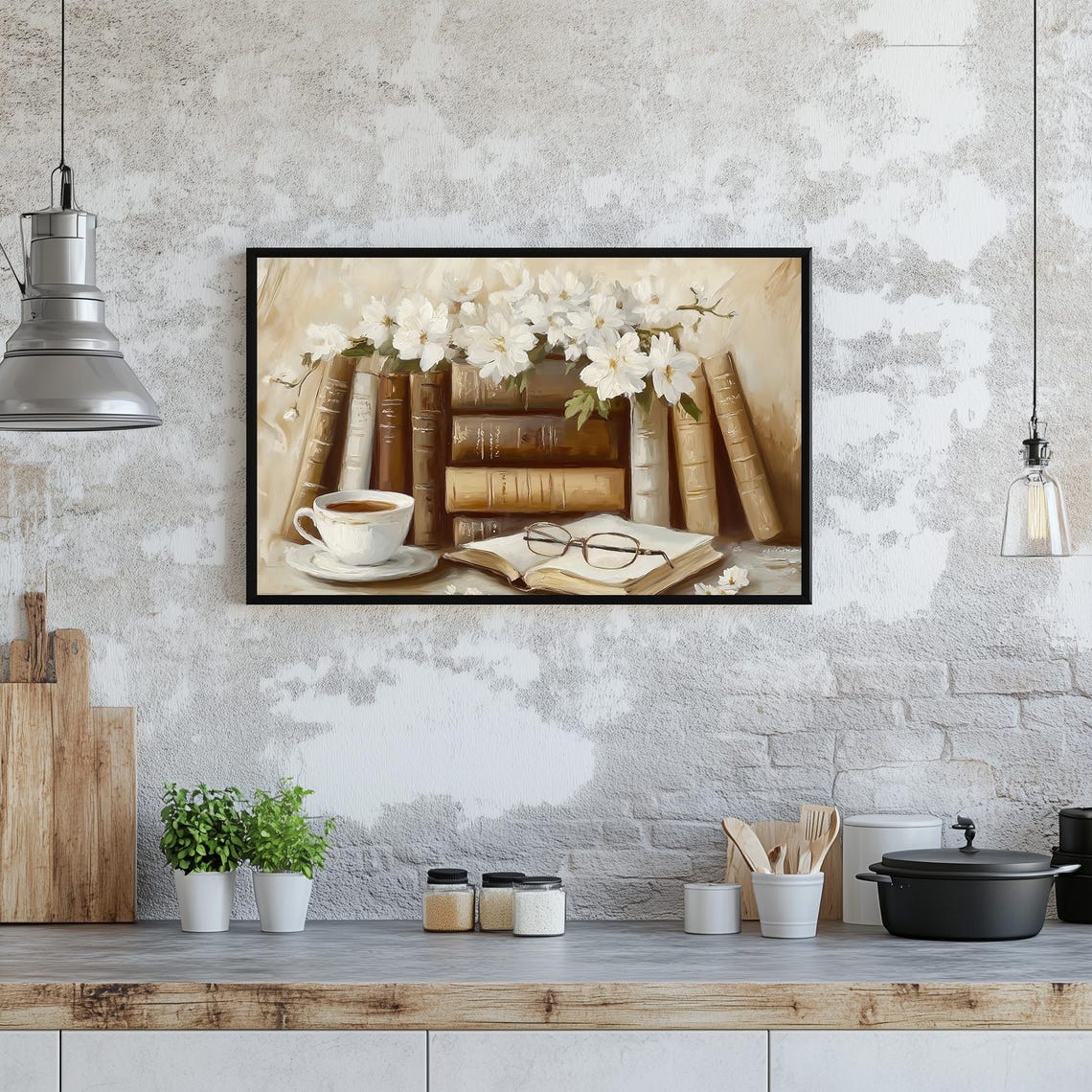 Vintage Books White Blossoms Tea Cup Light Academia Still Life Poster - Image 2