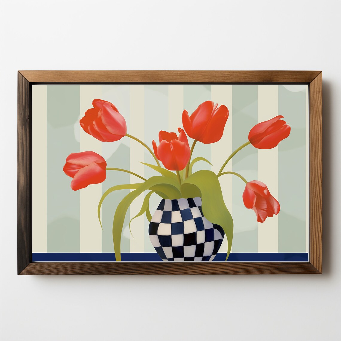Red Tulips In Checkered Vase Striped Background Floral Wall Art