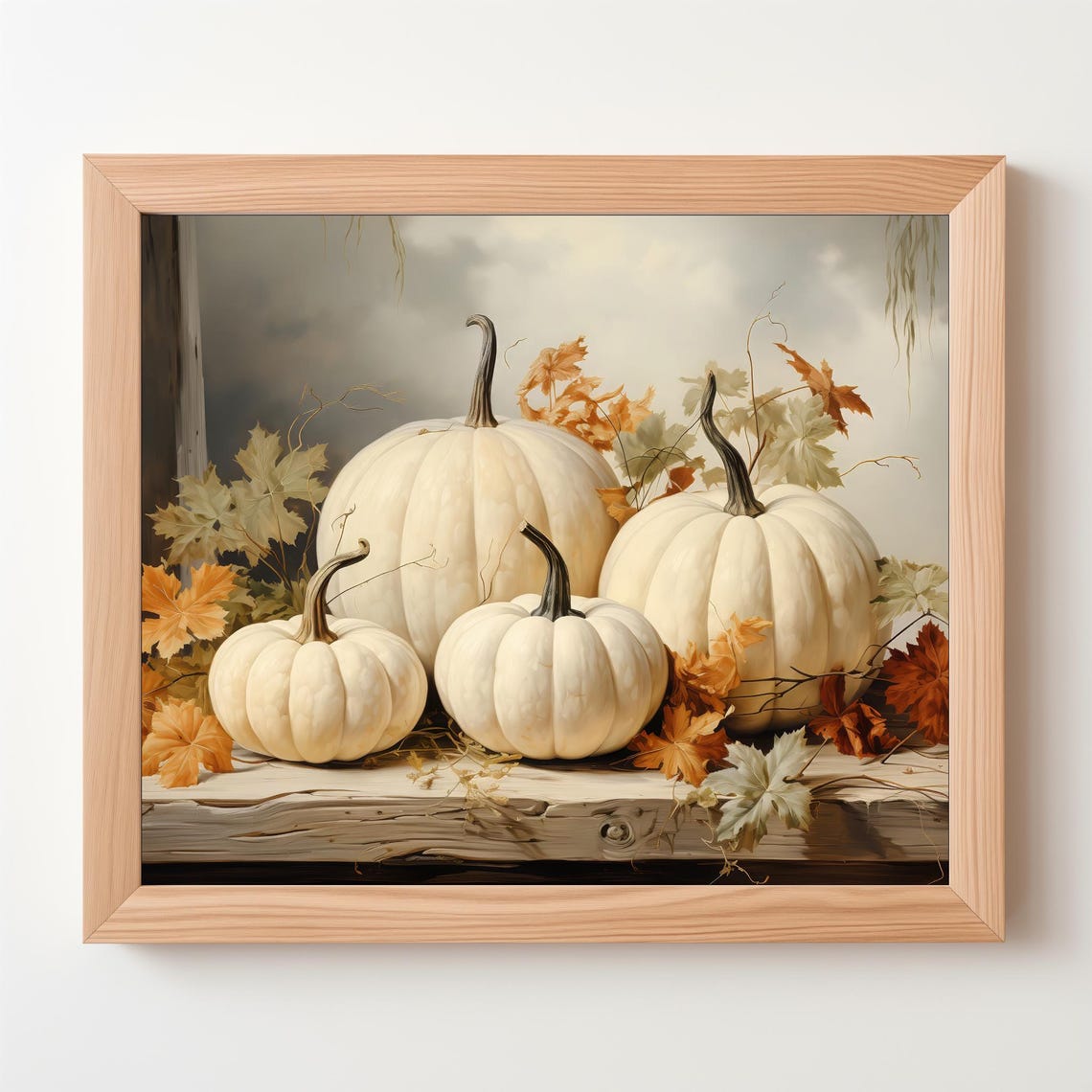White Pumpkins Autumn Leaves Rustic Farmhouse Fall Still Life Poster - Image 5