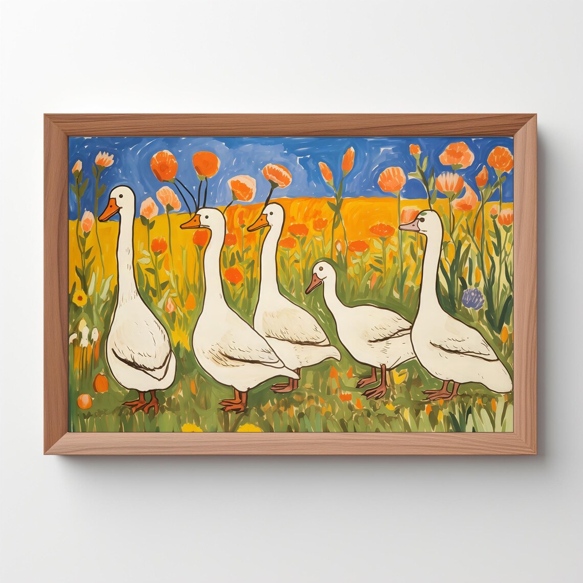 White Geese In Flower Meadow Folk Art Whimsical Farm Animal Poster