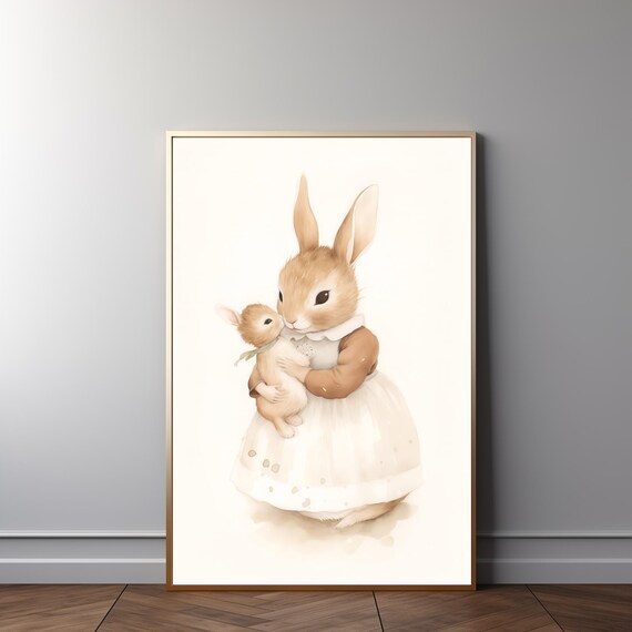 Mama Rabbit Holding Baby Bunny Vintage Nursery Kids Wall Art Poster