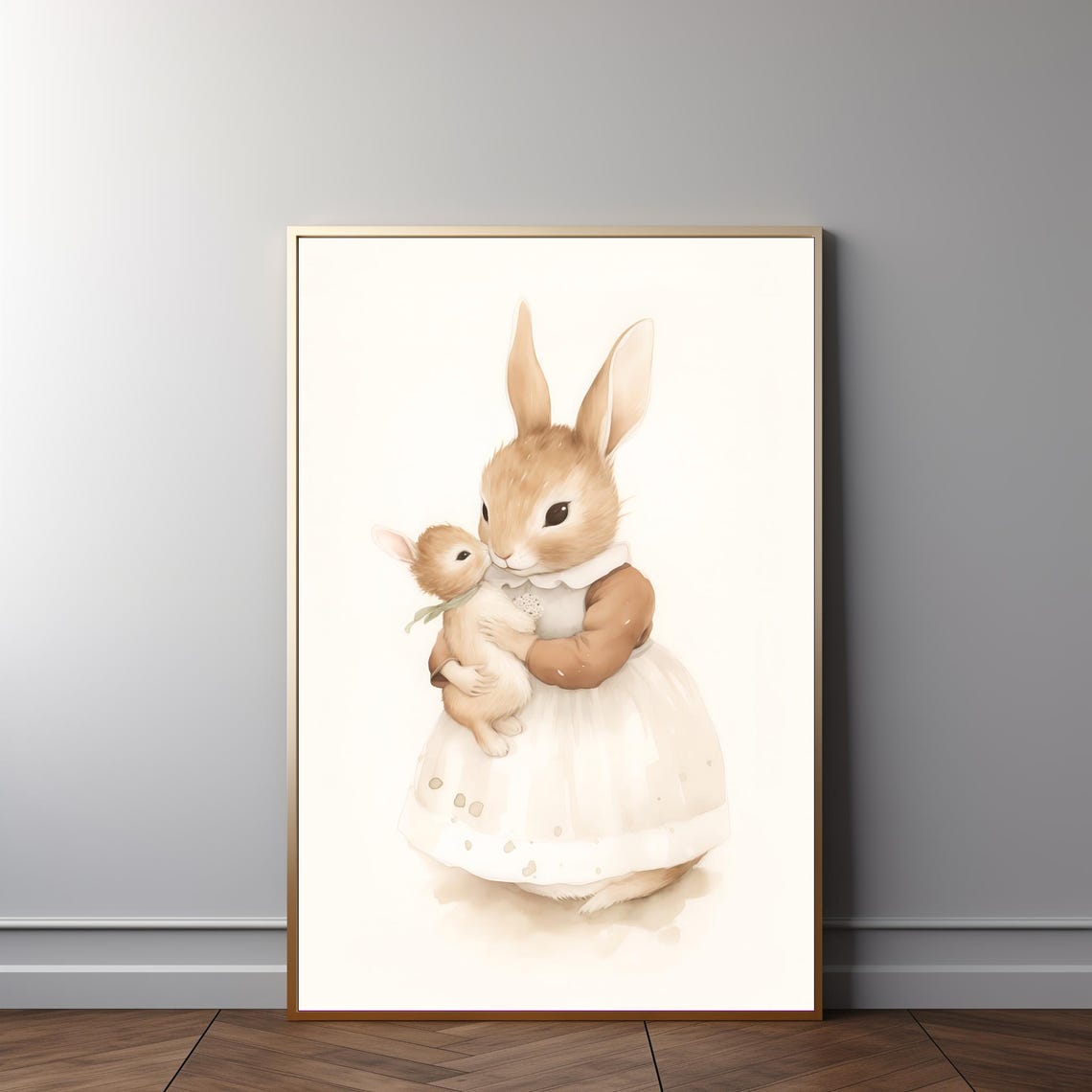 Mama Rabbit Holding Baby Bunny Vintage Nursery Kids Wall Art Poster