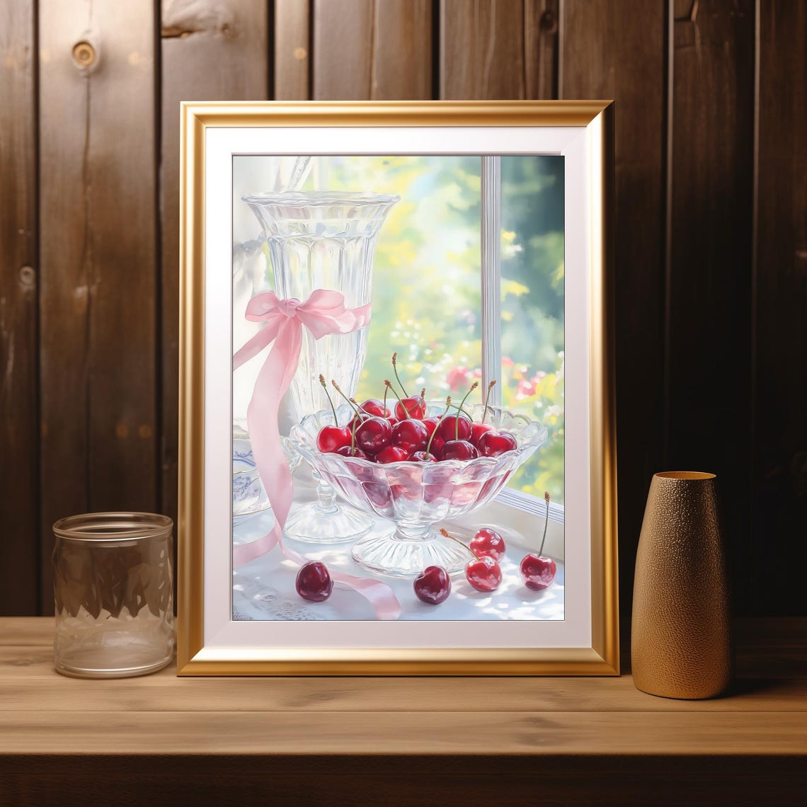Cherry Still Life Crystal Bowl Pink Ribbon Sunny Window Kitchen Poster - Image 3