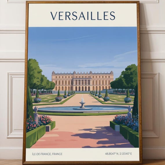 Versailles Palace Poster French Art Print Blue And Green Travel Illustration Wall For Enthusiasts