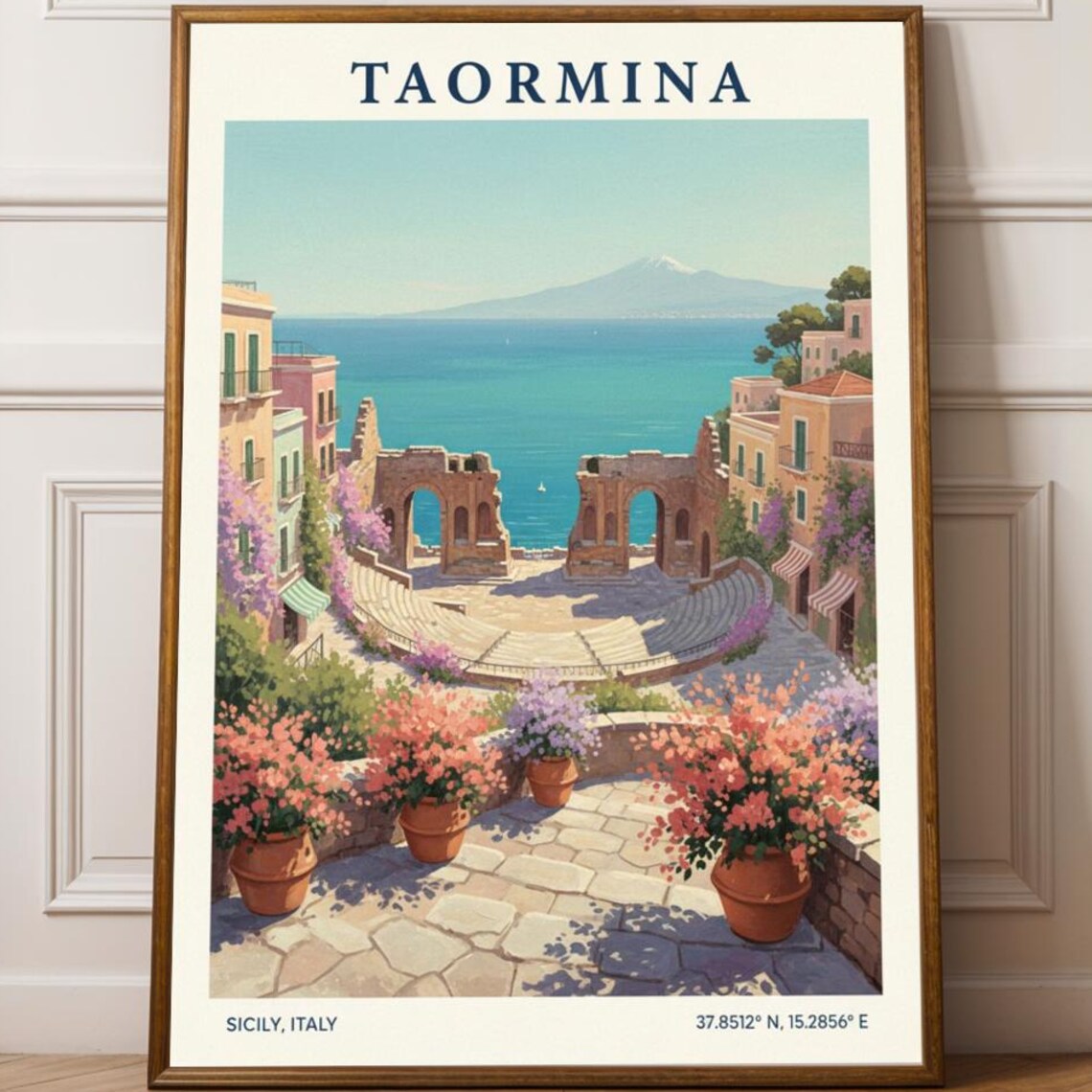 Taormina Sicily Italy Ancient Amphitheater Ruins Sea View Travel Poster
