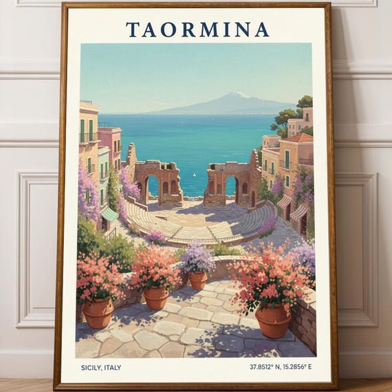 Taormina Mediterranean Scene Poster Teal And Peach Art Print Sicily Landscape Illustration Italian Travel Decor Vintage