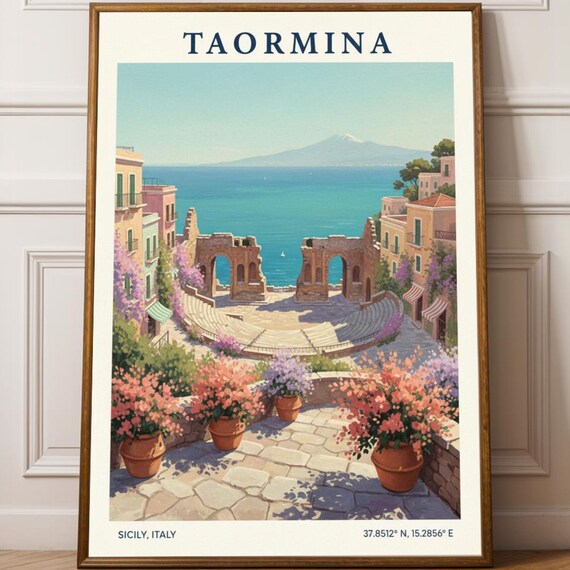Taormina Sicily Italy Ancient Amphitheater Ruins Sea View Travel Poster